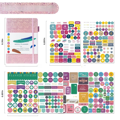 Wekelijkse Planner Notitieboek Zonder Datum Kunstlederen Glitter Cover Doelen Tracker Tijdbeheer Met Stickers