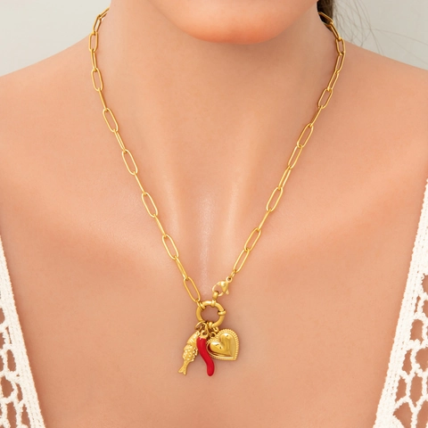 Collana di Lusso in Acciaio Inossidabile per Donna Con Ciondoli in Perla Artificiale Strass Cuore Stella Marina Conchiglia