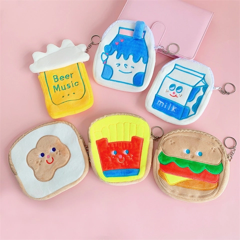 Monedero De Peluche Forma De Comida De Dibujos Animados Mini Bolsa De Almacenamiento Con Llavero Bordado Suave Bolsa Con Cremallera