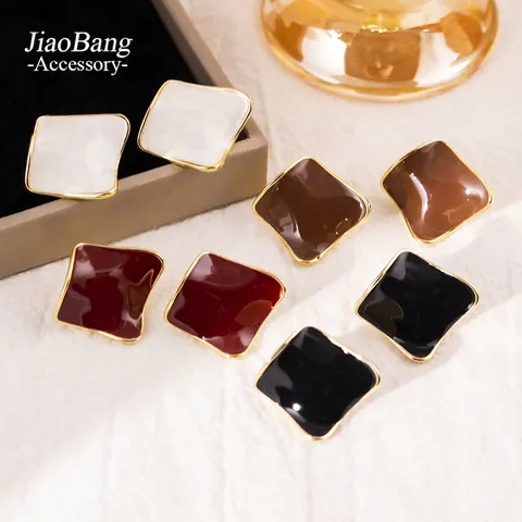 Vintage Irregular Geometric Stud Earrings For Women Real Gold Plated Copper Enamel Drip Oil Earrings With 925 Silver Post