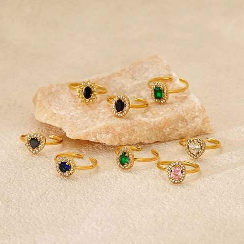 Anello Vintage In Acciaio Inossidabile Placcato Oro 18K Zircone Per Donna Regolabile Aperto Geometrico Cuore Goccia Gioielli