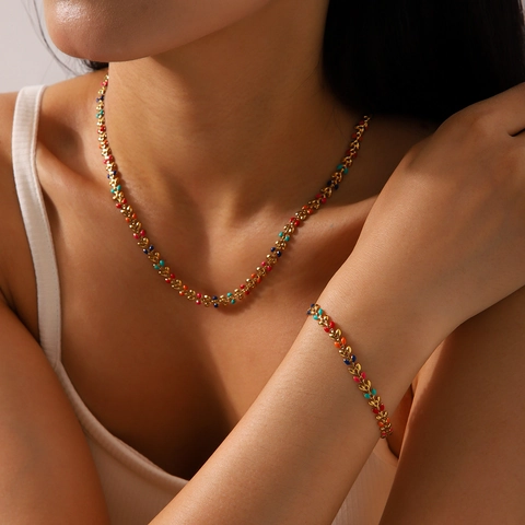 Stainless Steel Olive Leaf Necklace And Bracelet Colorful Enamel Bohemian Jewelry For Women Elegant Fashion Neck Chain Accessories