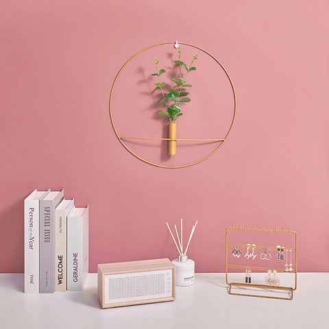 Nordic Style Wall Mounted Metal Vase Geometric Round Oval Hanging Flower Holder For Home Living Room Modern Iron Decoration
