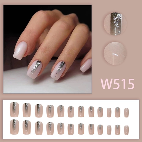 Gradient Pink Nude Glossy Press On Nails With Silver Glitter Stripe Elegant Long Square False Nails For Women Ins Style
