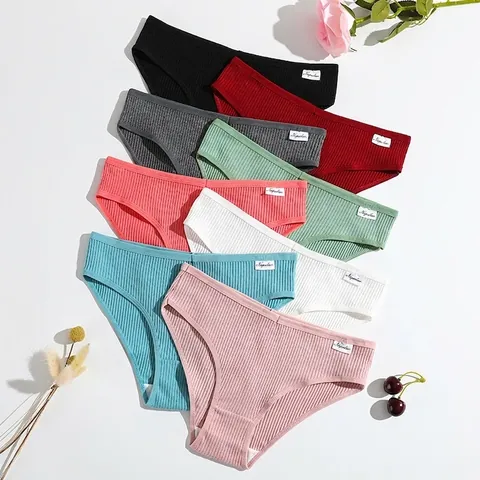 Women Panties Ribbed Cotton Low Waist Briefs Breathable Solid Color Underwear Soft Comfortable Breathable For Ladies