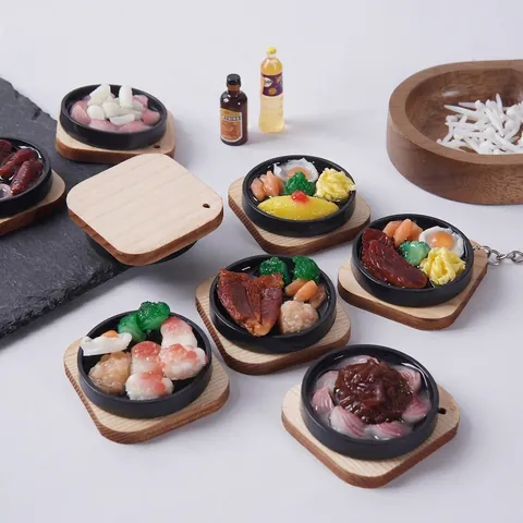 Miniature Teppanyaki Food Model Toy PVC Resin Wooden Base Steak Egg Seafood Design Hanging Decor Photography Prop