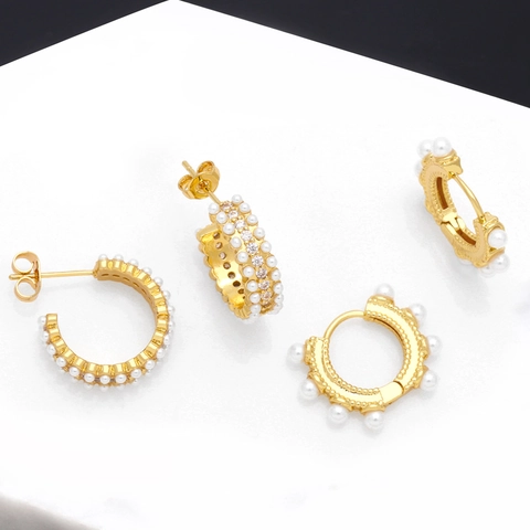Elegant C-Shape Hoop Earrings 18K Gold Plated Copper With Imitation Artificial Pearl And Zircon For Women Vintage Style