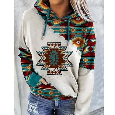 Felpa Con Cappuccio Donna Maniche Lunghe Poliestere Etnico Geometrico Azteco Western Vintage Allentata Tasca A Marsupio