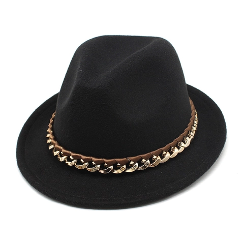 Vintage British Style Wool Felt Fedora Hat With Chain Decoration Wide Flat Brim Jazz Cap For Women And Men