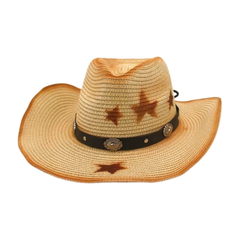 Western Cowboy Straw Hat With Star Pattern Faux Leather Band Metal Concho Adjustable Chin Strap Wide Brim Sunshade