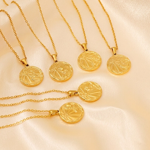 Zodiac Sign Necklace 18K Gold Plated Stainless Steel Round Coin Pendant Embossed Constellation Jewelry Vintage Aesthetic