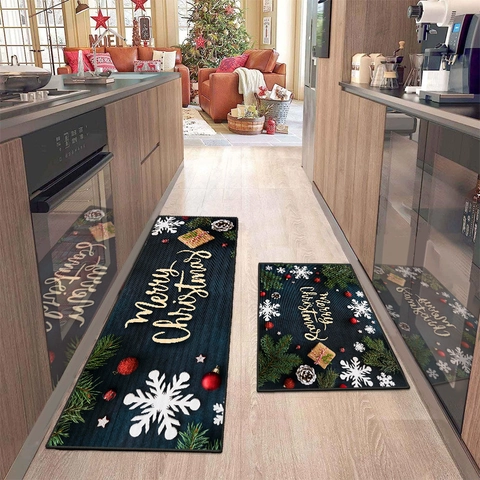 Christmas Kitchen Mat And Runner Polyester Anti-Slip Washable Absorbent Decorative Floor Rug For Home Indoor