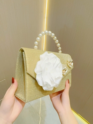 Evening Bag Glitter Sequin Handbag Artificial Pearl Handle Fabric Flower Wedding Party Elegant Retro Women Shoulder Chain Clutch