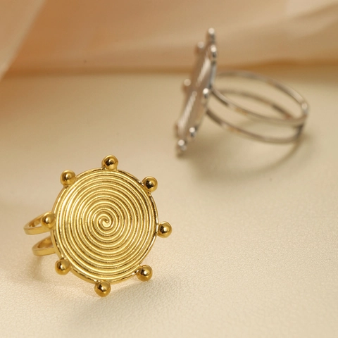 Vintage Chunky Ring For Women 316L Stainless Steel 18K Gold Plated Irregular Wrinkled Statement Adjustable Open Ring Heart Seashell