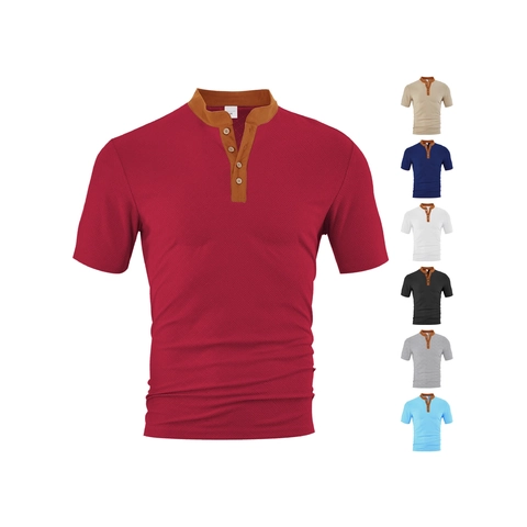Chemise Henley Homme Manches Courtes Polyester Jacquard Texture Gaufre Respirant Col Contrasté Haut Été
