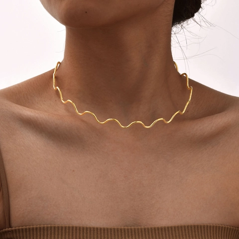 Wavy Stainless Steel Gold Plated Choker Necklace Hoop Earrings Open Cuff Bracelet Minimalist Jewelry Women
