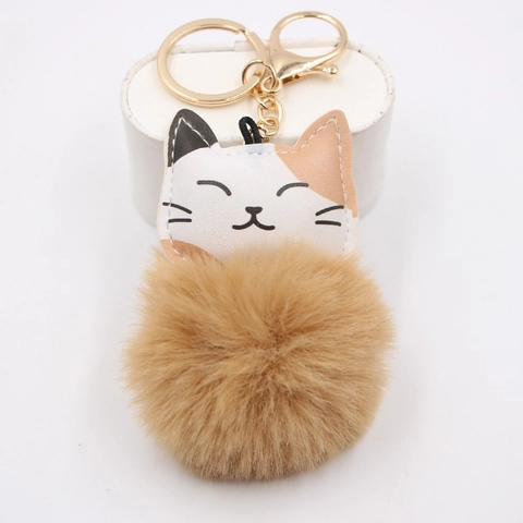 Cute Lucky Cat Keychain PU Leather Kitten Head With Faux Fur Pom Pom Bag Charm Accessory Kawaii Gift For Women Girls