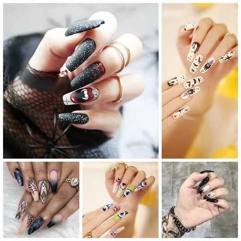 Halloween Spooky Press On Nails Long Coffin Stiletto Pumpkin Spider Web Design Acrylic Party Gothic False Nails