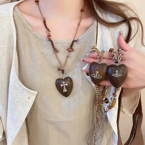 Collana Con Ciondolo A Cuore Legno Lega Tessuto Pianeta Croce Perline Corda Intrecciata Etnico Retrò Boho Per Donna