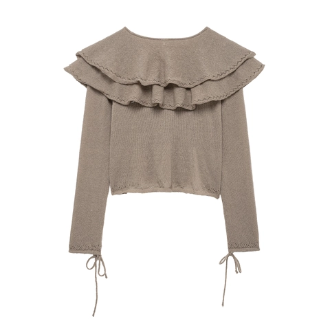 Gebreide Trui Met Ruffelkraag Dames V-Hals Strikje Ajour Detail Lange Mouwen Pullover Top Taupe