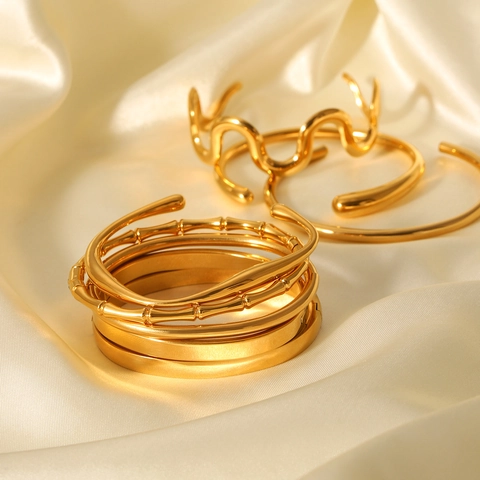18K Gold Plated Stainless Steel Open Cuff Bangle Bracelet For Women Non Fading Tarnish Free Smooth Wavy Organic Design