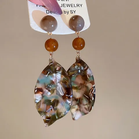 Leaf Shape Acetic Acid Drop Earrings With 925 Sterling Silver Earring Post Vintage Ethnic Tortoise Shell Pattern Women