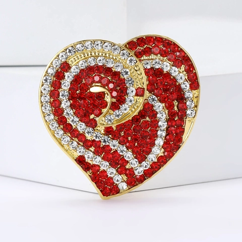 Elegant Alloy Double Heart Brooch Red White Rhinestone Inlaid Gold Tone Heart Pin Jewelry Accessory For Women Party Gift