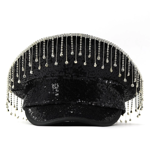Sequin Captain Hat With Rhinestone Tassel Flat Top Navy Hat For Party Stage Performance Black Luxurious Glamorous