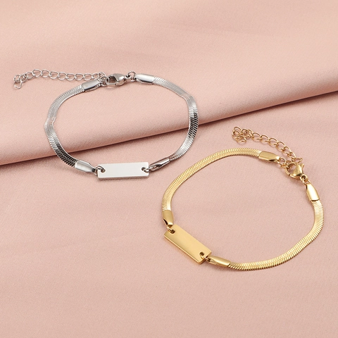 304 Stainless Steel Flat Snake Chain Bracelet Blank ID Bar Minimalist Herringbone Jewelry For Women Adjustable