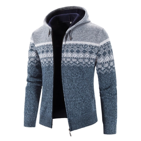 Giacca da Uomo in Maglia con Cappuccio e Fodera in Pile Jacquard Geometrico Etnico Full Zip Caldo Poliestere Maglione Casual Outdoor