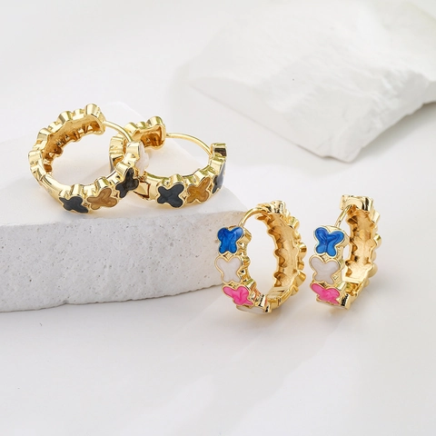 Hoop Earrings 18K Gold Plated Copper Colorful Enamel Butterfly Clover Geometric Chic Jewelry For Women