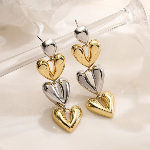 Stacked Heart Dangle Earrings Bi-Color Copper Gold Plated Long Geometric Unique Minimalist Fashion Accessory Women