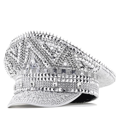 Cappello Da Capitano Argento Con Strass E Borchie Per Rave Festival Spettacolo Palcoscenico Festa Burning Man