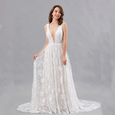 White Wedding Dress Deep V Neck Sleeveless Sexy Floral Lace Embroidery Tulle Bridal Gown With Small Train For Women