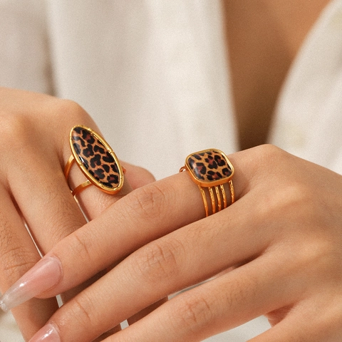 Geometric Leopard Print Open Ring Stainless Steel Gold Plated Adjustable Vintage Bohemian Style Jewelry For Women