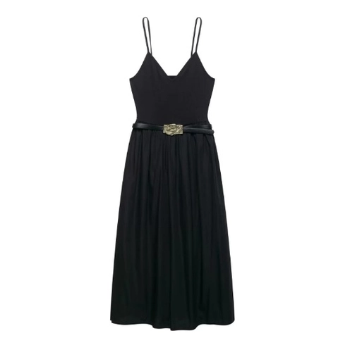 Vestido Midi Elegante Para Mujer Cuello En V Tirantes Finos Punto Acanalado Color Sólido Con Cinturón Decorativo