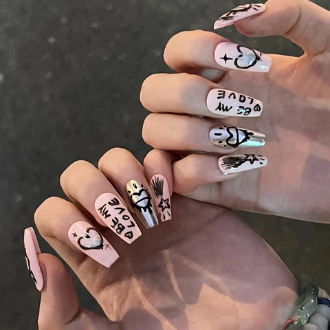 Press On Nails Pink Metallic Silber Lang Coffin Form Herz Graffiti Be My Love Kunstdruck Sweet Cool Stil Für Damen