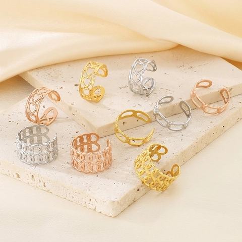 Anello Aperto Vintage in Acciaio Inossidabile Geometrico Traforato da Donna Oro Argento Oro Rosa Motivo a Cuore Regolabile Gioielli di Moda