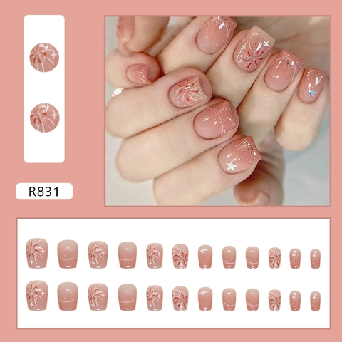 Press On Nails Short Ballet Shape Pink Gradient Fireworks Star Pattern ABS Plastic Detachable Fake Nails For Women