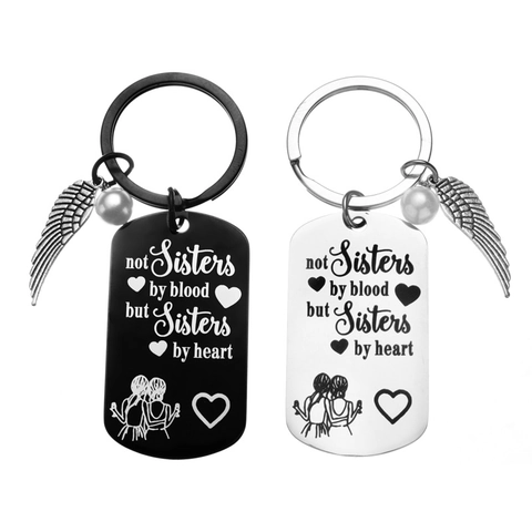 Keychain Stainless Steel Engraved Dog Tag Pendant With Wing And Artificial Pearl Gifts For Sisters Best Friends
