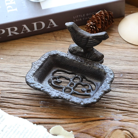 Retro Bird Soap Dish Cast Iron Hollow Drainage Holder Bathroom Kitchen Decorative Metal Tray Vintage Country Home Decor