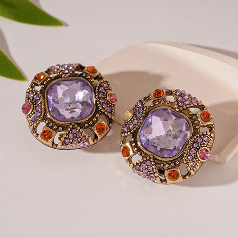 Boucles D'oreilles Vintage Baroques Cristal Violet Carré Strass Base Alliage Et Tige En Argent Pour Femme Style Palais