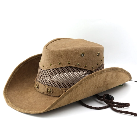 Western Cowboy Hat Suede Breathable Mesh Wide Brim Vintage Studded Adjustable Chin Strap For Outdoor Travel Unisex