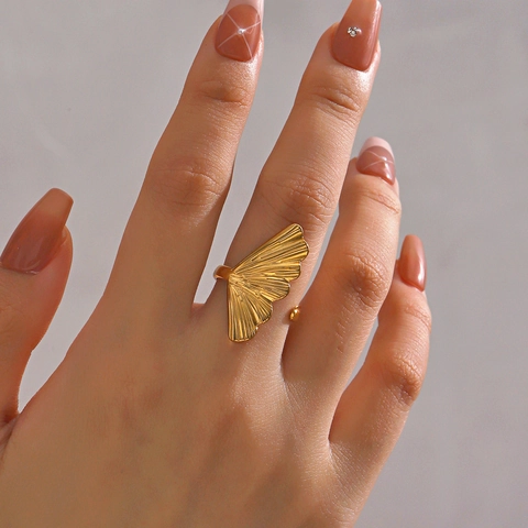 Anello Foglia Di Ginkgo Acciaio Inossidabile Regolabile Aperto Trama Delicata Gioielli Eleganti Da Donna