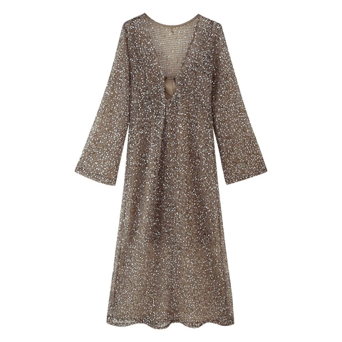 Damen Pailletten Maxikleid Tiefer V-Ausschnitt Langarm Sexy Figurbetontes Abendparty Elegant Metallic Häkeln
