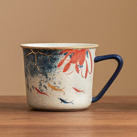 Ceramic Coffee Mug Hand-painted Lotus Carp Gold Rimmed Retro Stoneware Water Cup For Home Office Oriental Art Style