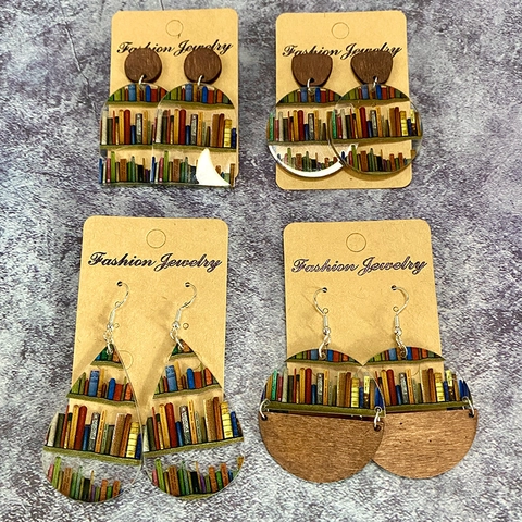 Creative Bookshelf Acrylic Earrings For Women Retro Wood Library Pattern Drop Dangle Jewelry For Teachers Book Lovers