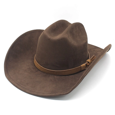 Western Cowboy Hat Faux Suede Wide Brim Vintage Fedora With Leather Belt Tassel For Men Women Ethnic Style Sun Protection