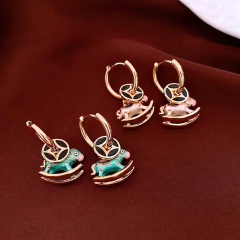 Rocking Horse Pendant Earrings Real Gold Plated Copper Enamel Vintage Cute Creative Aesthetic Jewelry For Women