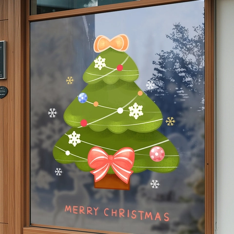 Christmas Tree Window Sticker Static Cling PVC Double Sided Festive Shop Glass Door Decoration Merry Christmas Snowflake